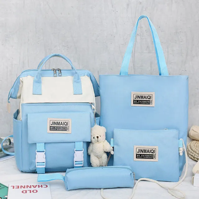 5Pcs set Women Backpack Canvas Waterproof School Bags For Teenage Girls Kawaii Doll Student Shoulder Bag New Female Backpack