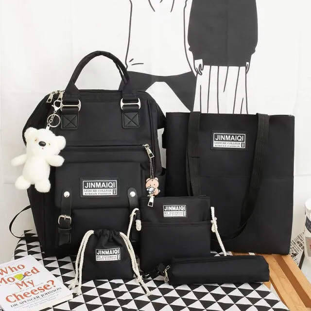 5Pcs set Women Backpack Canvas Waterproof School Bags For Teenage Girls Kawaii Doll Student Shoulder Bag New Female Backpack