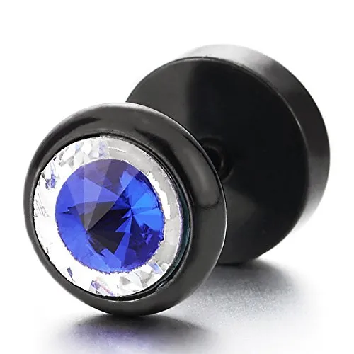 8MM Mens Womens Black Circle Stud Earrings with Blue Spiked Gem Stone, Cheater Fake Ear Plugs Gauges