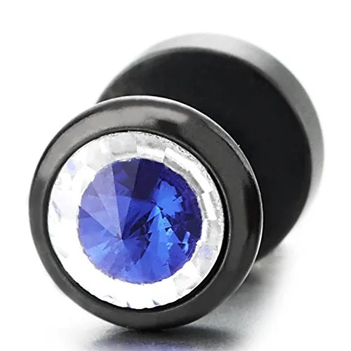 8MM Mens Womens Black Circle Stud Earrings with Blue Spiked Gem Stone, Cheater Fake Ear Plugs Gauges