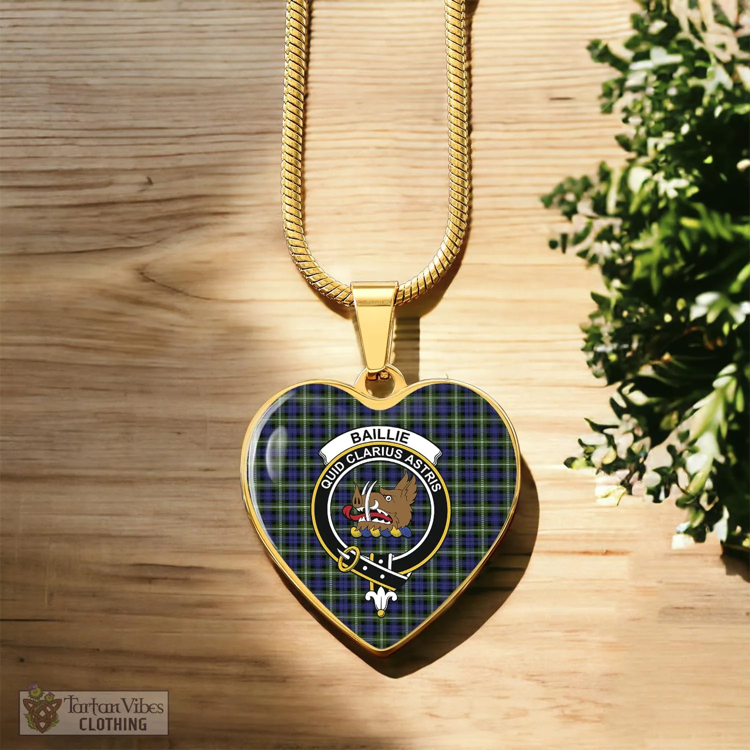 Baillie (Bailey) Tartan Heart Necklace with Family Crest