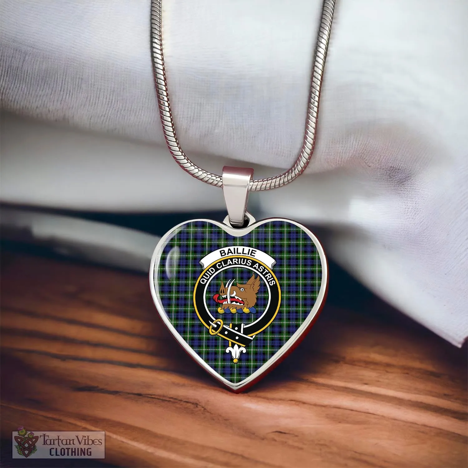 Baillie (Bailey) Tartan Heart Necklace with Family Crest