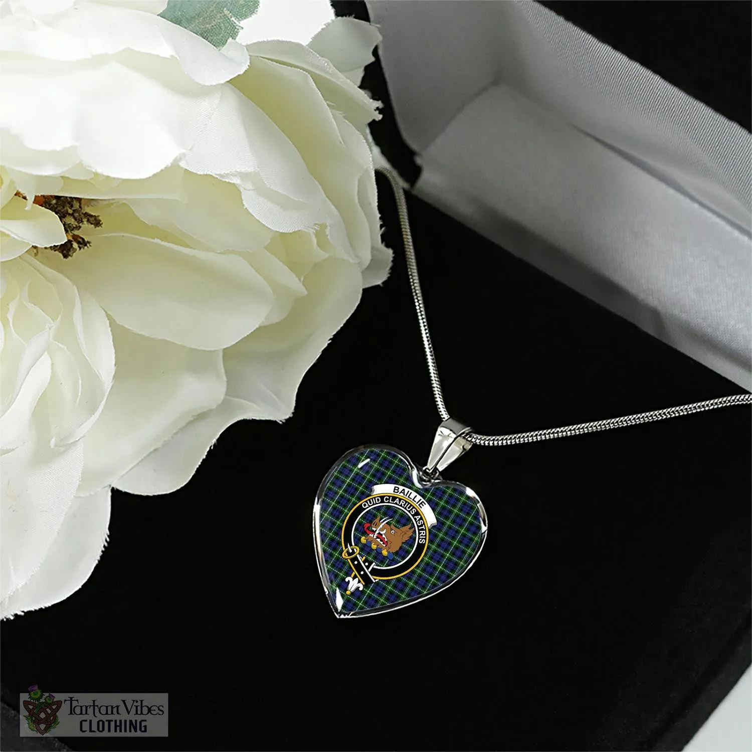 Baillie (Bailey) Tartan Heart Necklace with Family Crest
