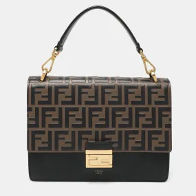 Black/Brown FF Embossed Leather Kan U Top Handle Bag
