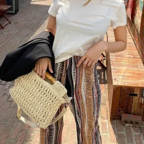 Christmas Gift fashion bamboo handle straw bags designer women handbags luxury wicker woven shoulder bags summer beach rattan purses large tote