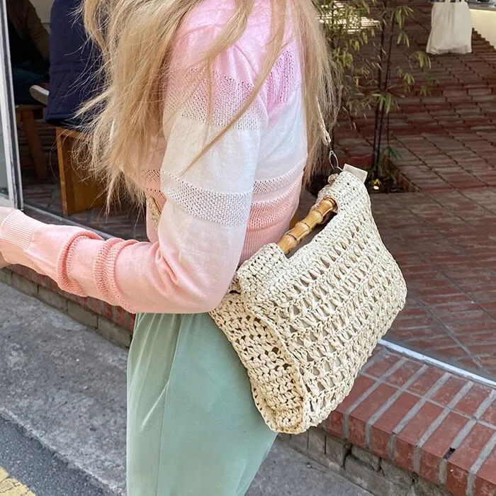 Christmas Gift fashion bamboo handle straw bags designer women handbags luxury wicker woven shoulder bags summer beach rattan purses large tote