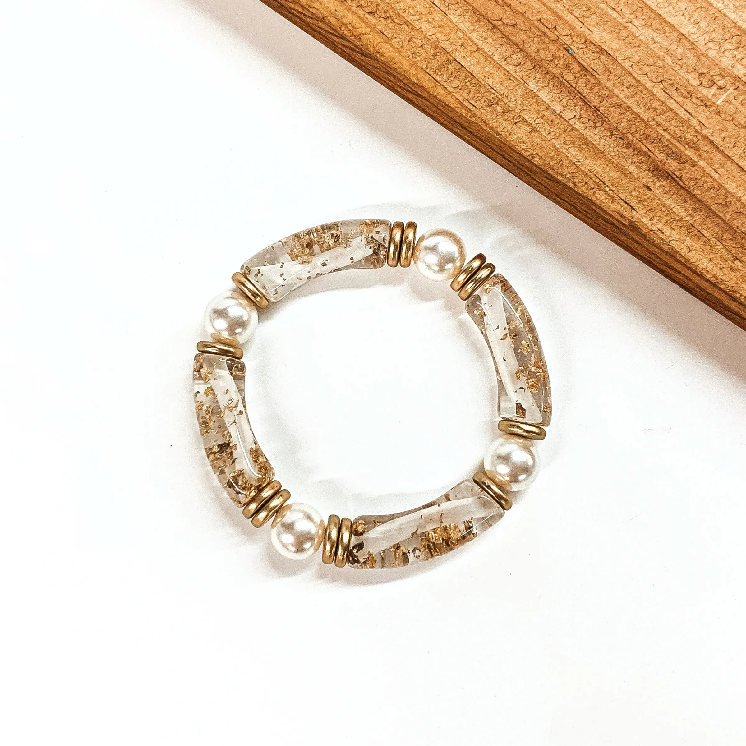 Clear Tube Bracelet with Pearl Spacers and Gold Tone Flakes