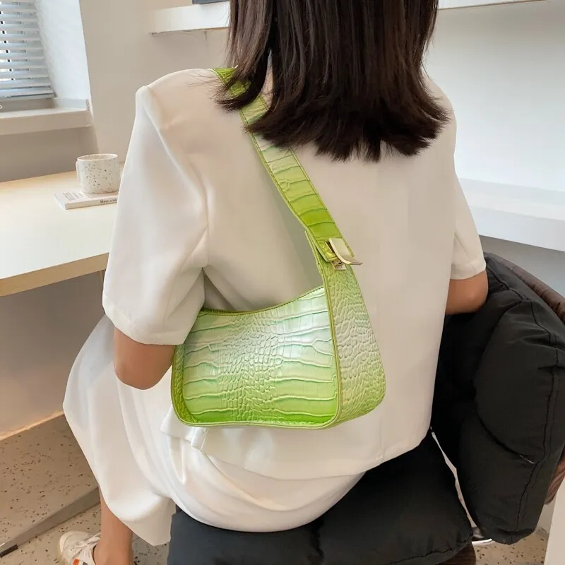 Crocodile Pattern Gradient PU Leather Small Underarm Baguette Bags Shoulder Phone Purse and Handbags for Ladies Luxury Designer