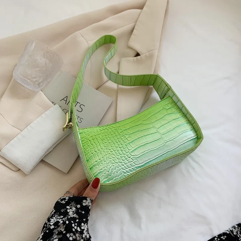 Crocodile Pattern Gradient PU Leather Small Underarm Baguette Bags Shoulder Phone Purse and Handbags for Ladies Luxury Designer