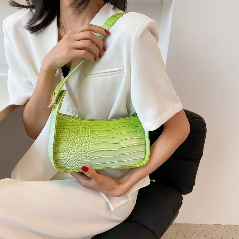 Crocodile Pattern Gradient PU Leather Small Underarm Baguette Bags Shoulder Phone Purse and Handbags for Ladies Luxury Designer
