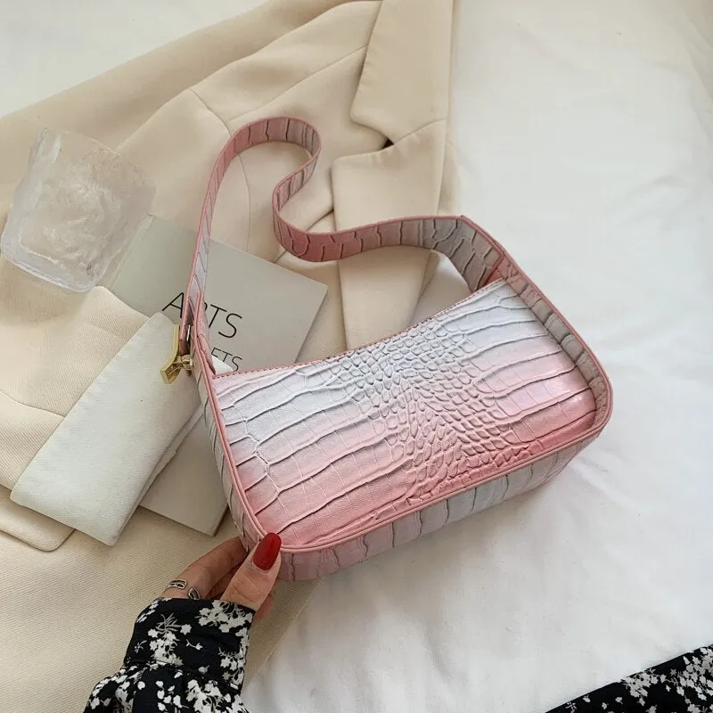 Crocodile Pattern Gradient PU Leather Small Underarm Baguette Bags Shoulder Phone Purse and Handbags for Ladies Luxury Designer