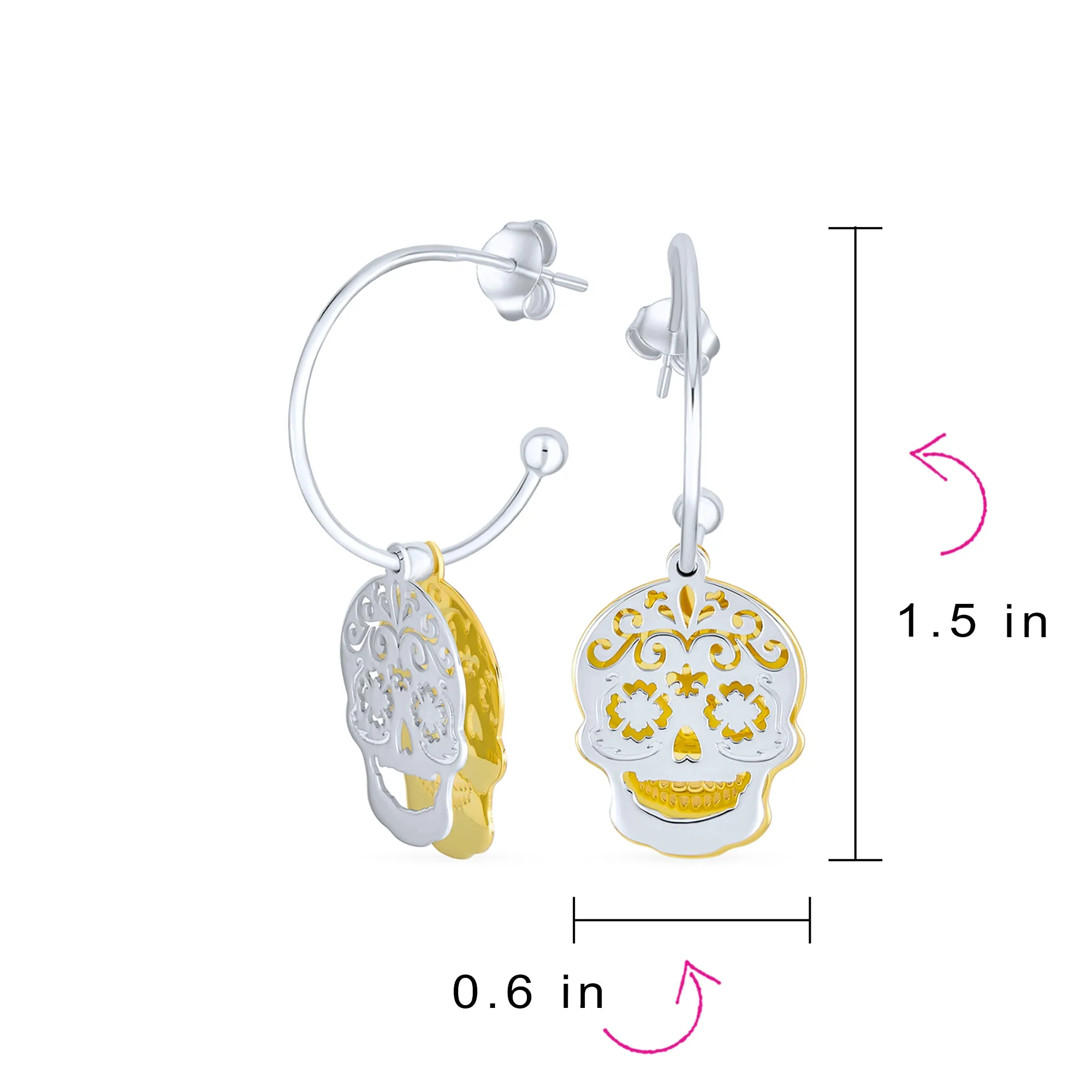 Dia de los Muertos Hoop Huggie Earrings Gold-Plated Sterling Silver Skull Design