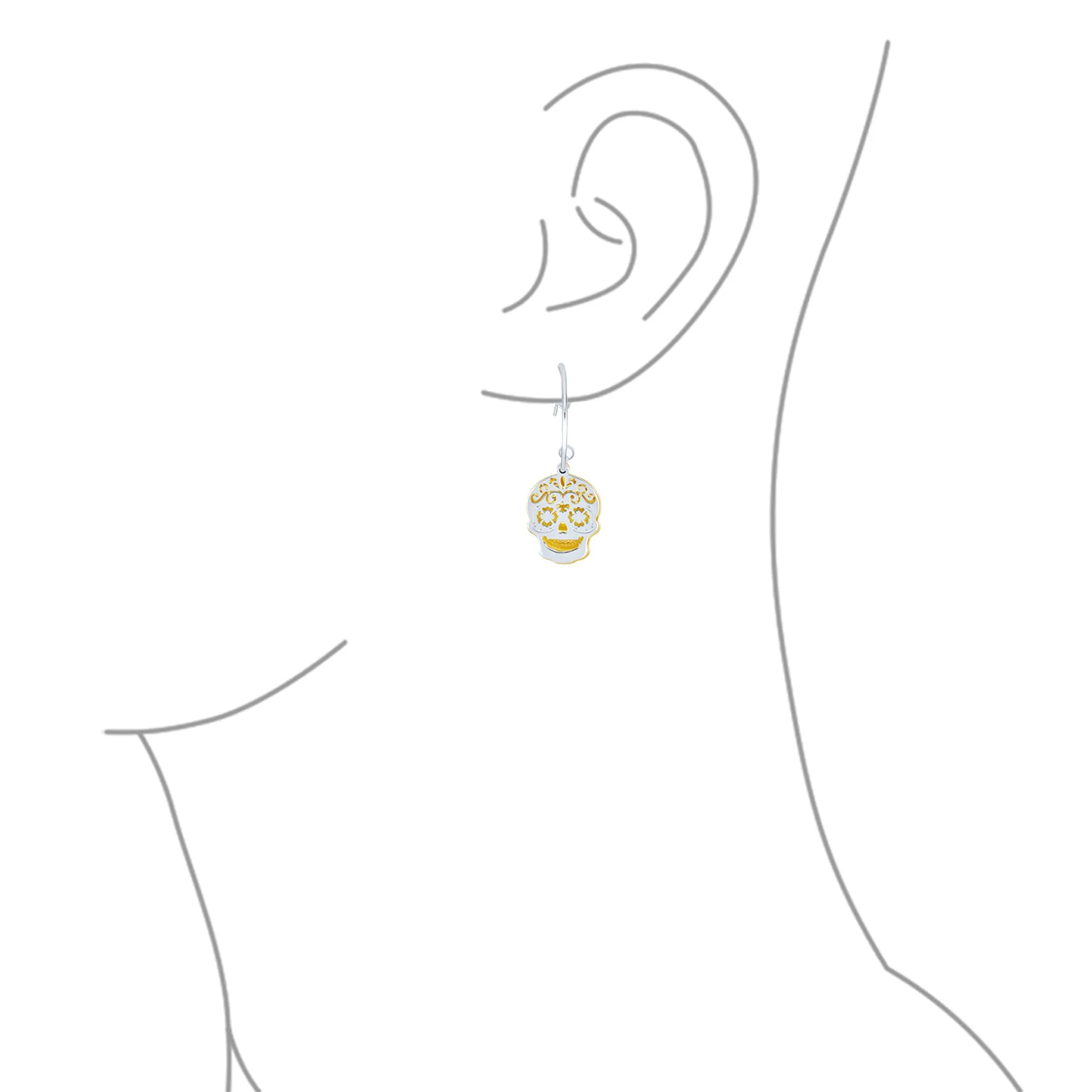 Dia de los Muertos Hoop Huggie Earrings Gold-Plated Sterling Silver Skull Design