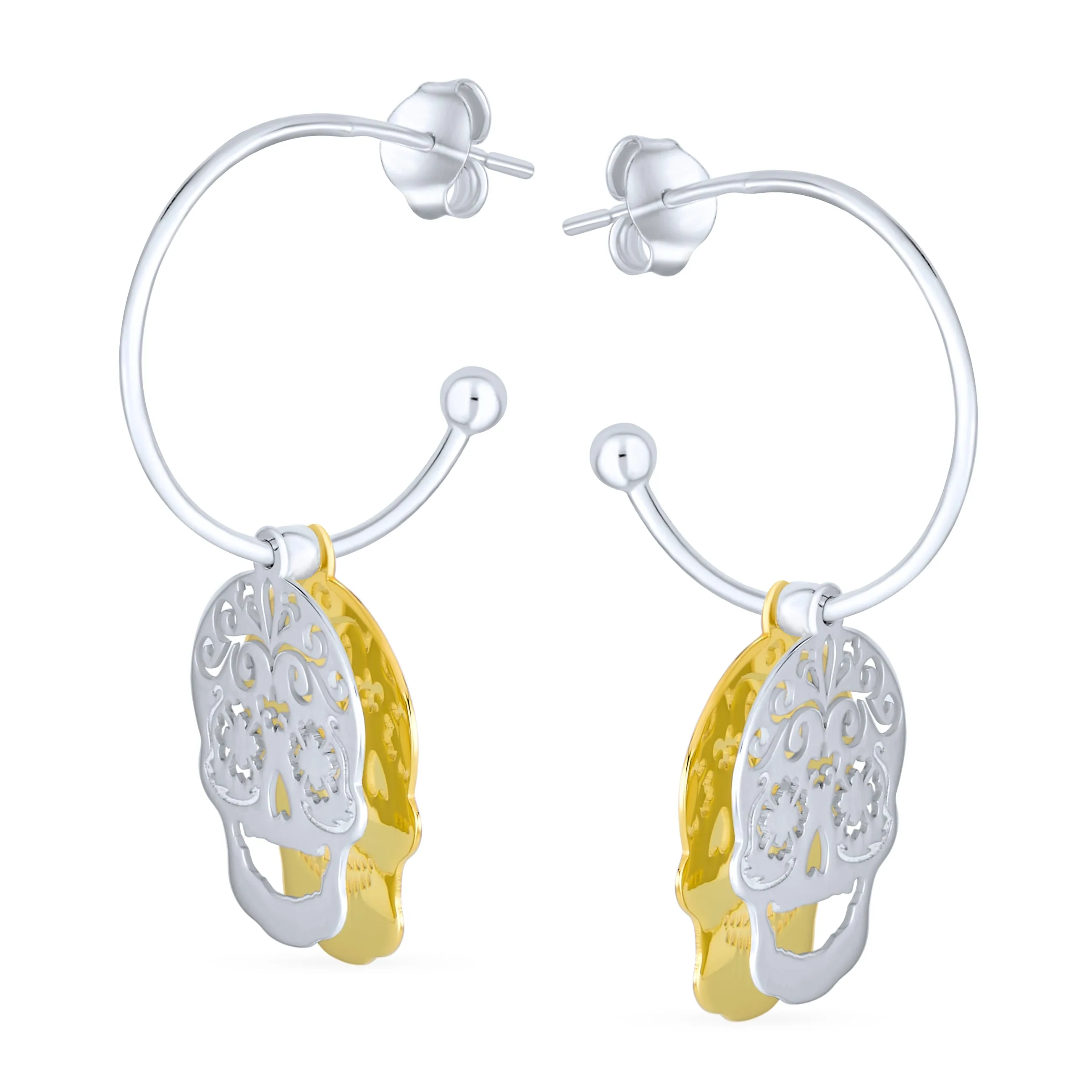 Dia de los Muertos Hoop Huggie Earrings Gold-Plated Sterling Silver Skull Design