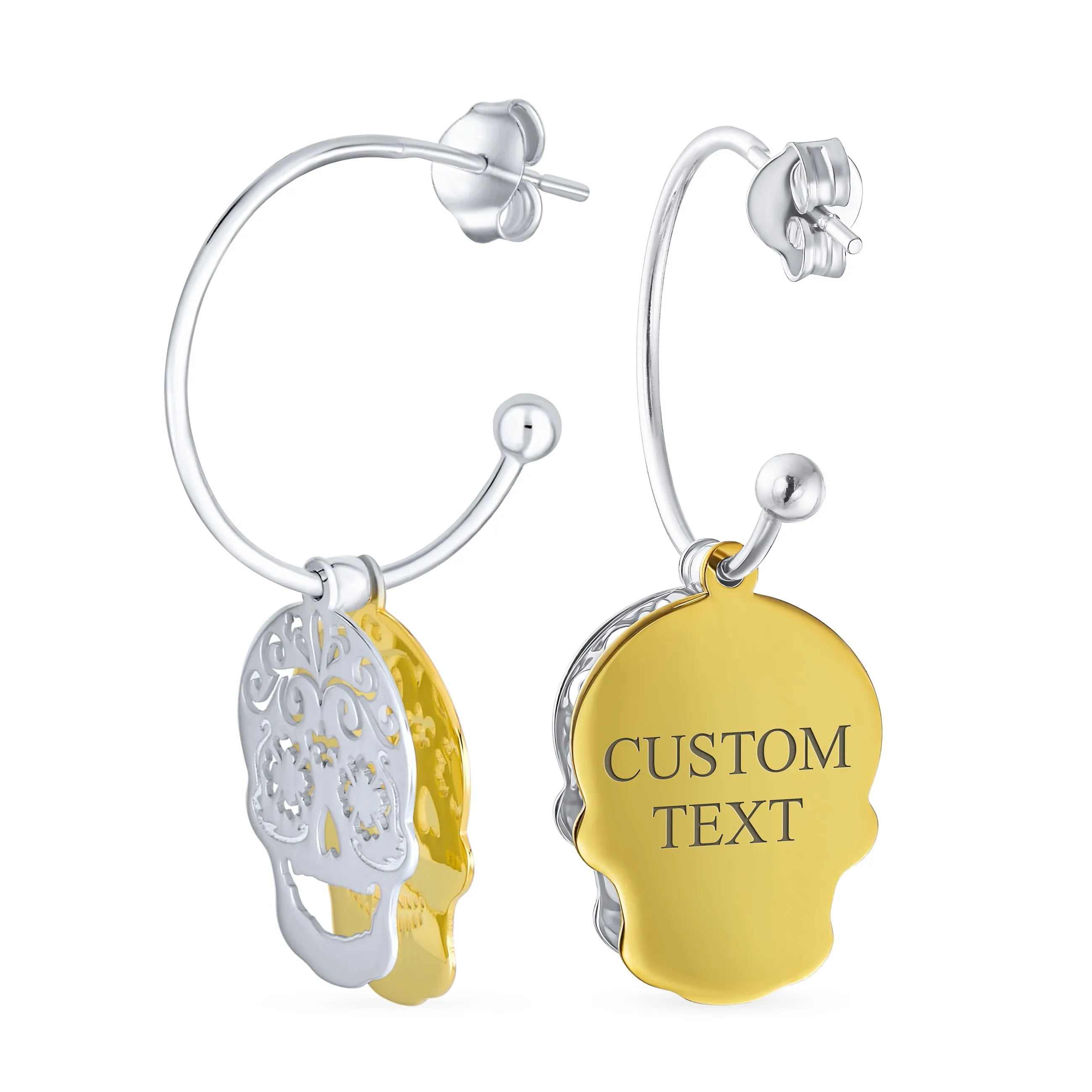 Dia de los Muertos Hoop Huggie Earrings Gold-Plated Sterling Silver Skull Design