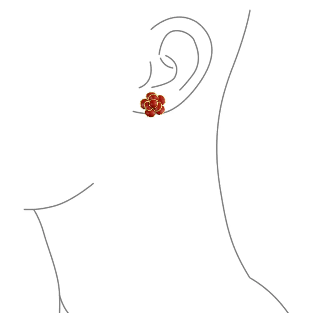 Fashion Enamel 3D Blue Rose Flower Clip-On Earrings 14K Gold Plated Turquoise