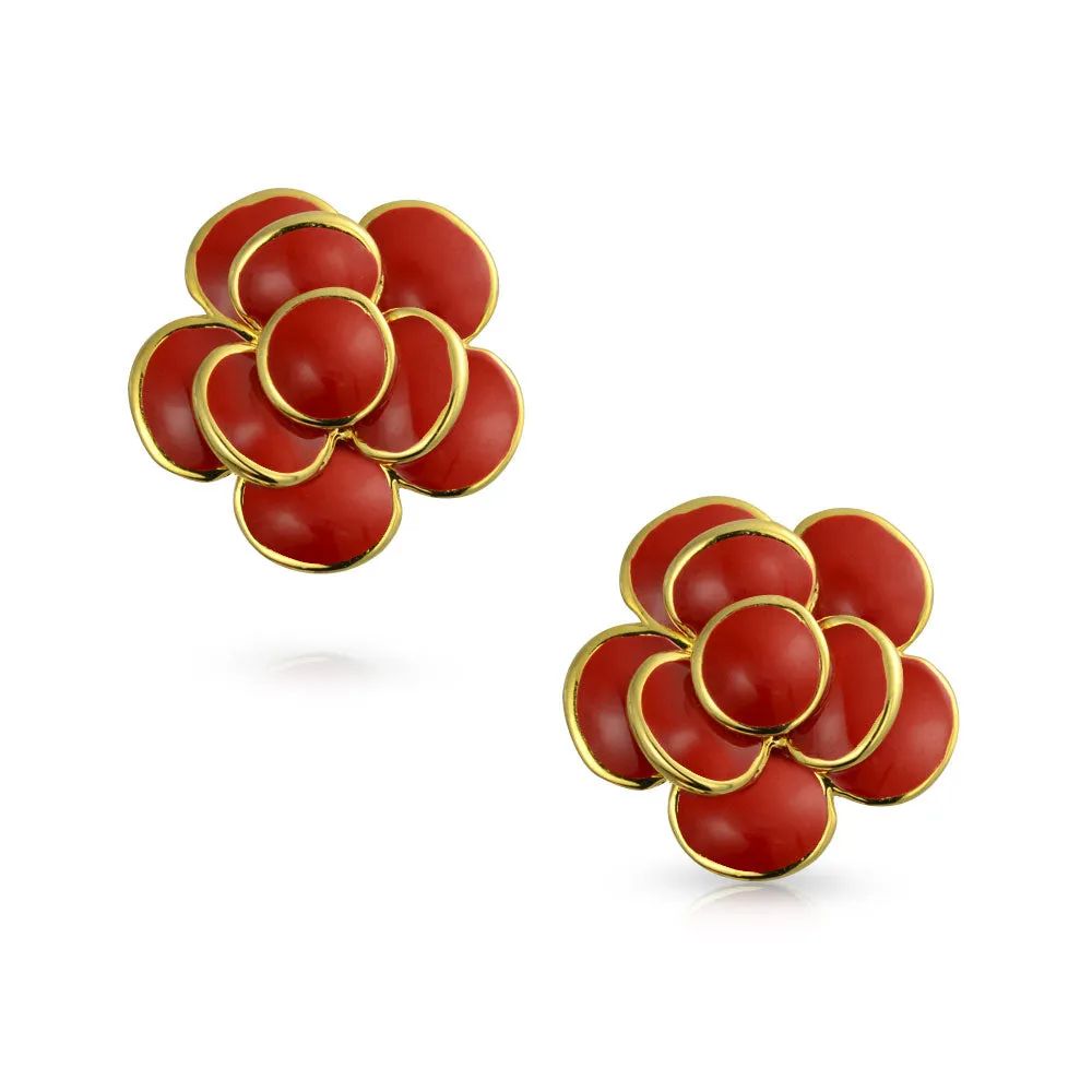 Fashion Enamel 3D Blue Rose Flower Clip-On Earrings 14K Gold Plated Turquoise