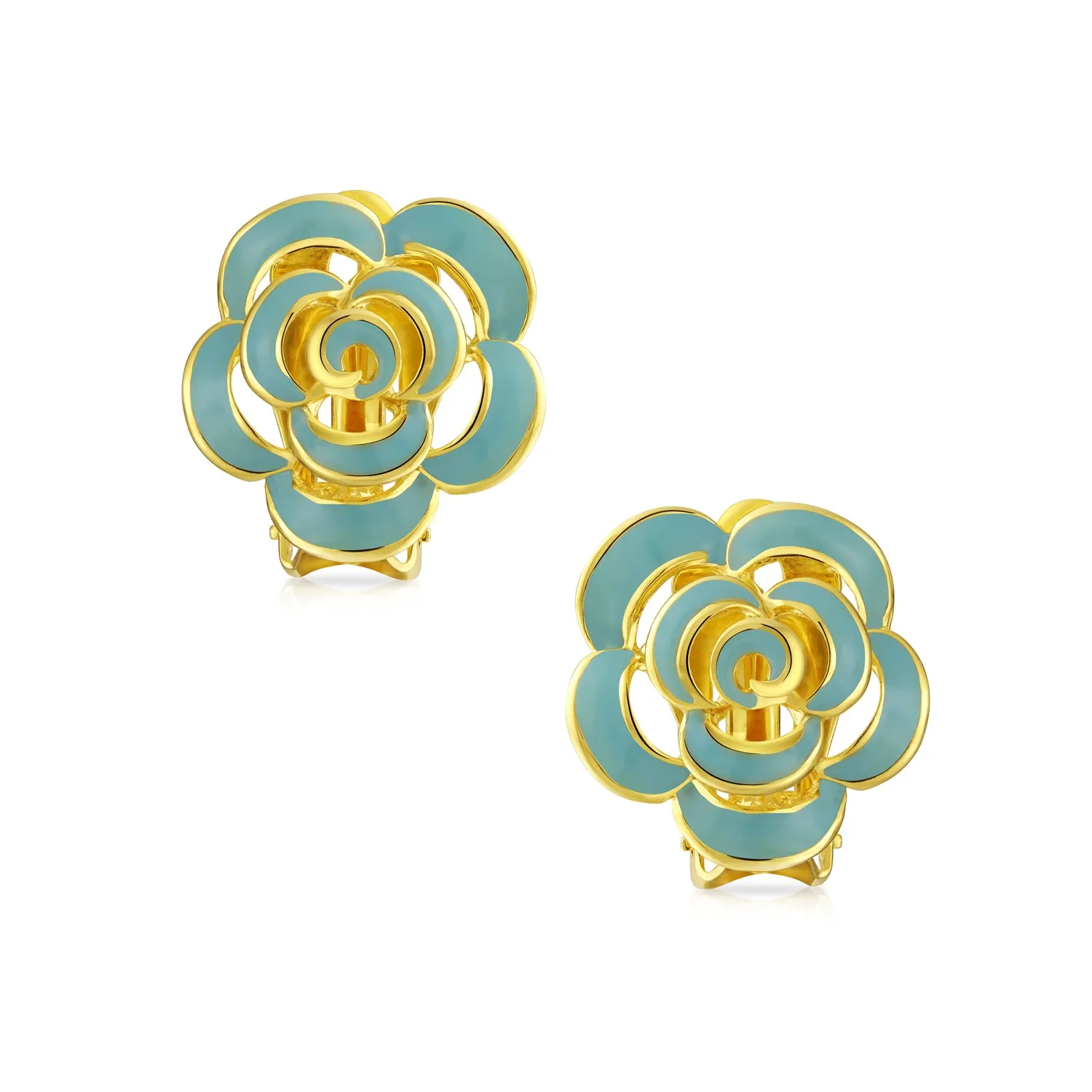 Fashion Enamel 3D Blue Rose Flower Clip-On Earrings 14K Gold Plated Turquoise