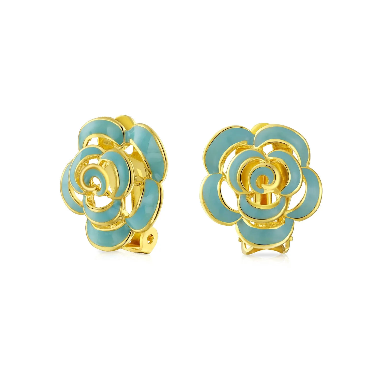 Fashion Enamel 3D Blue Rose Flower Clip-On Earrings 14K Gold Plated Turquoise