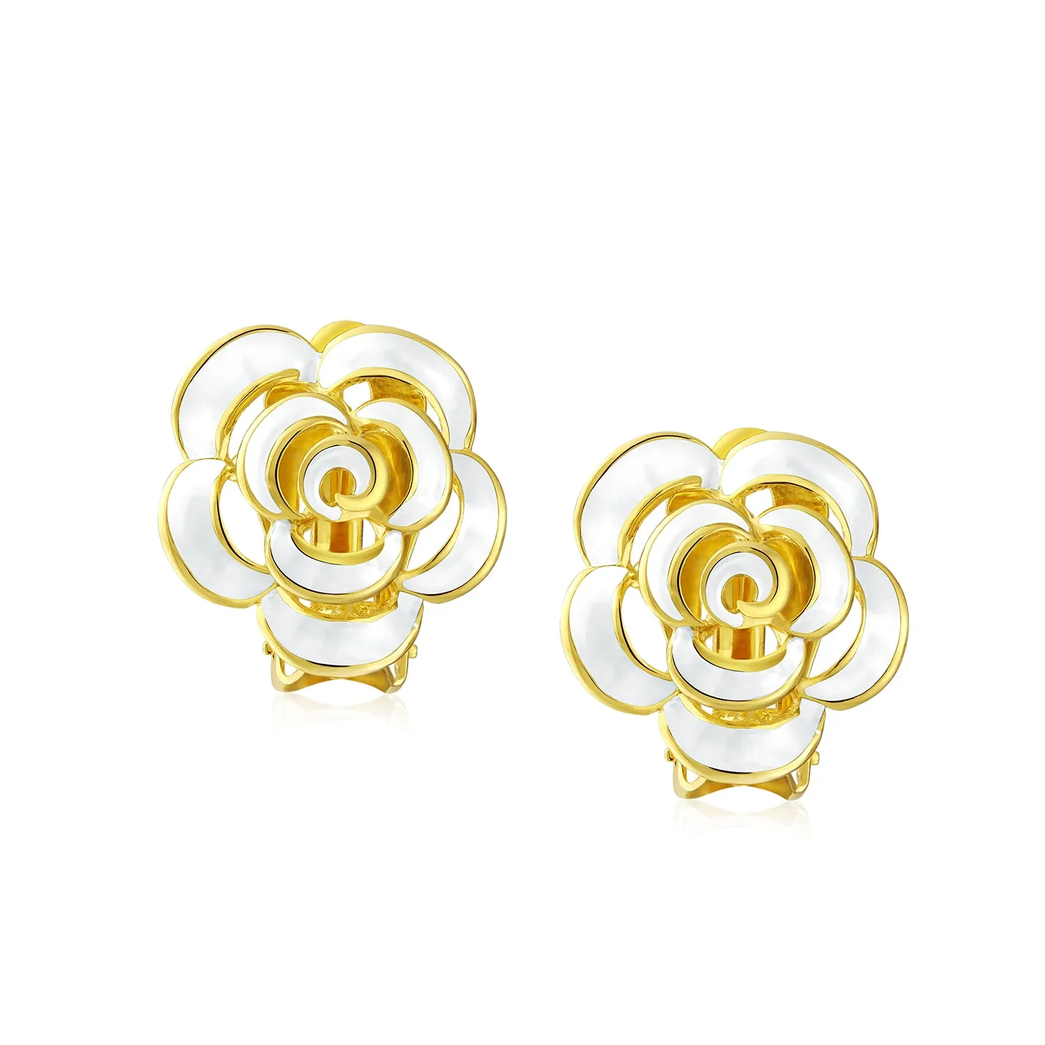 Fashion Enamel 3D Blue Rose Flower Clip-On Earrings 14K Gold Plated Turquoise