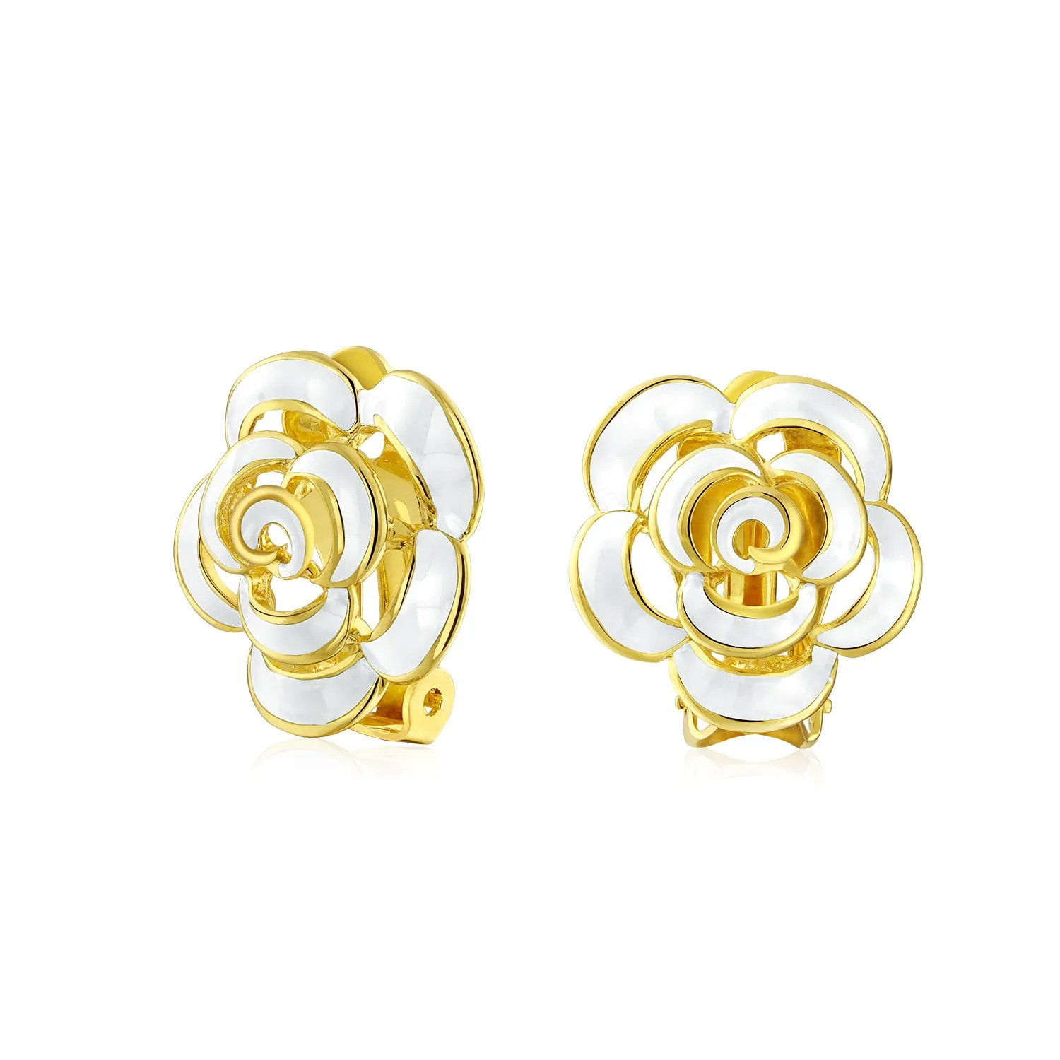 Fashion Enamel 3D Blue Rose Flower Clip-On Earrings 14K Gold Plated Turquoise