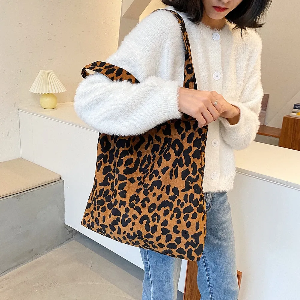 Fashion Women Corduroy Handbags Zebra Leopard Pattern Shoulder Bag Large Capacity Ladies Animal Tote Bags Simple Top-handle Bags