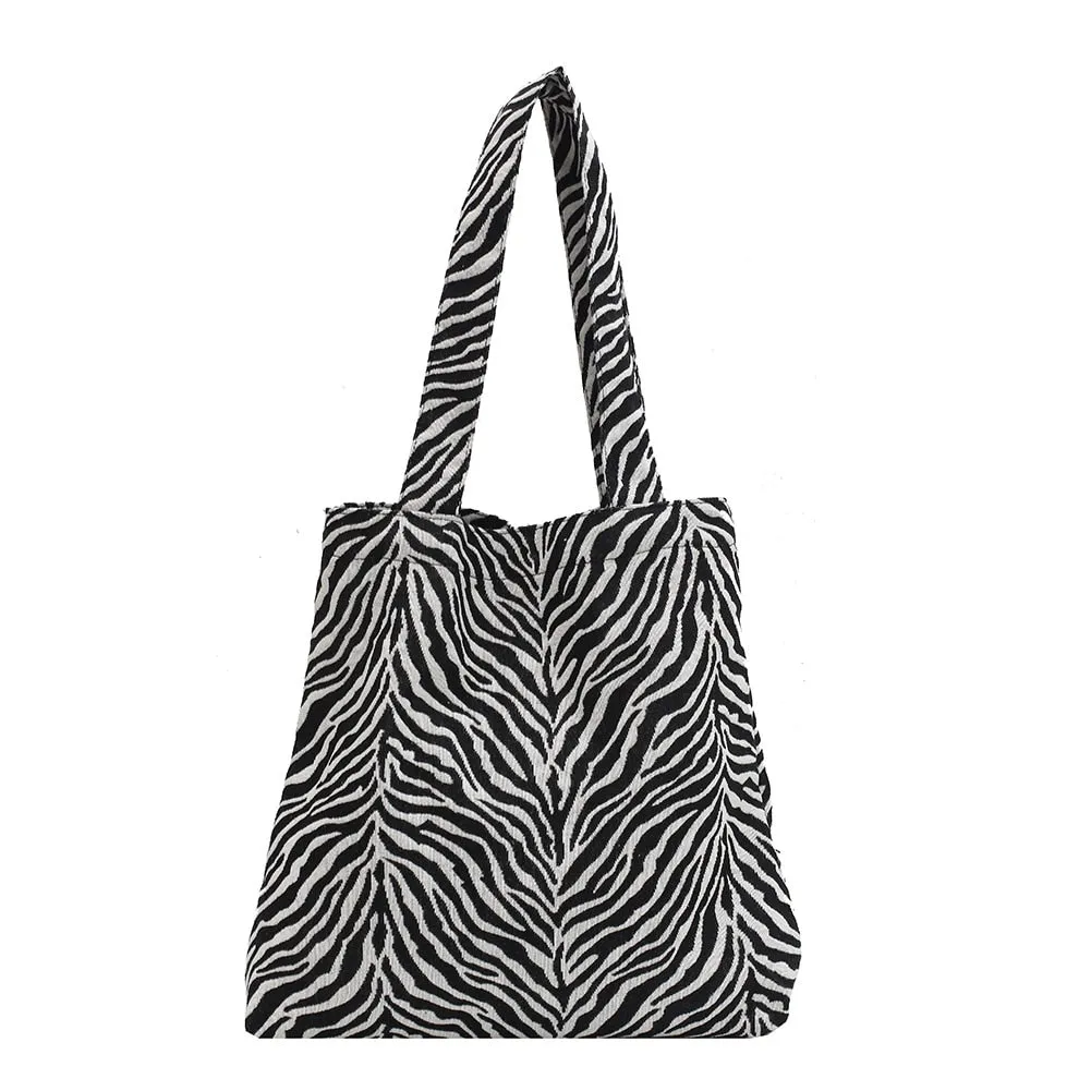 Fashion Women Corduroy Handbags Zebra Leopard Pattern Shoulder Bag Large Capacity Ladies Animal Tote Bags Simple Top-handle Bags