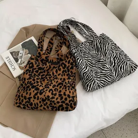 Fashion Women Corduroy Handbags Zebra Leopard Pattern Shoulder Bag Large Capacity Ladies Animal Tote Bags Simple Top-handle Bags
