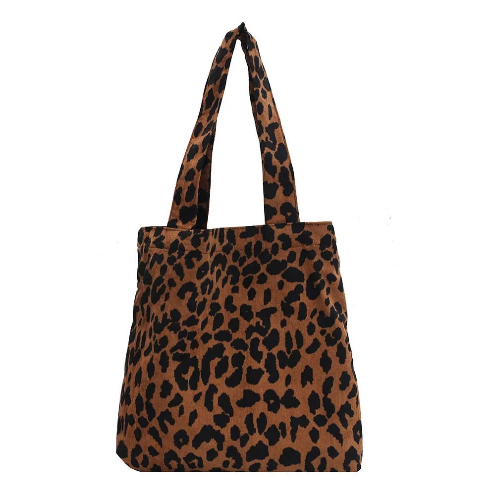 Fashion Women Corduroy Handbags Zebra Leopard Pattern Shoulder Bag Large Capacity Ladies Animal Tote Bags Simple Top-handle Bags