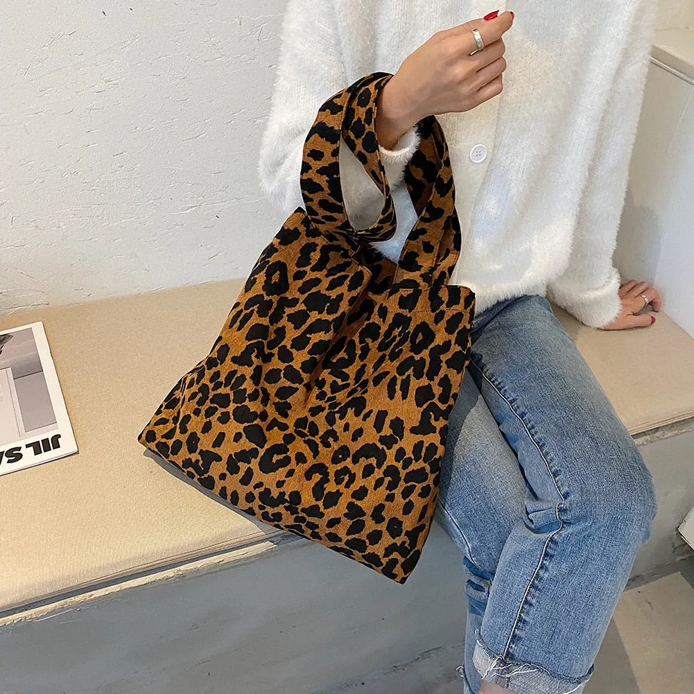 Fashion Women Corduroy Handbags Zebra Leopard Pattern Shoulder Bag Large Capacity Ladies Animal Tote Bags Simple Top-handle Bags