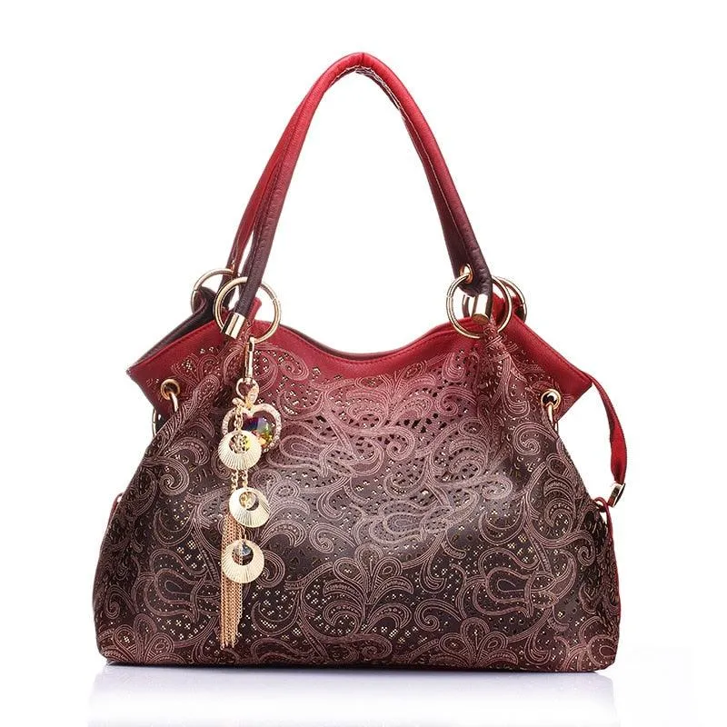 Fashion Women Hollow Out Ombre Handbags Floral Print Shoulder Bags Tote Bag