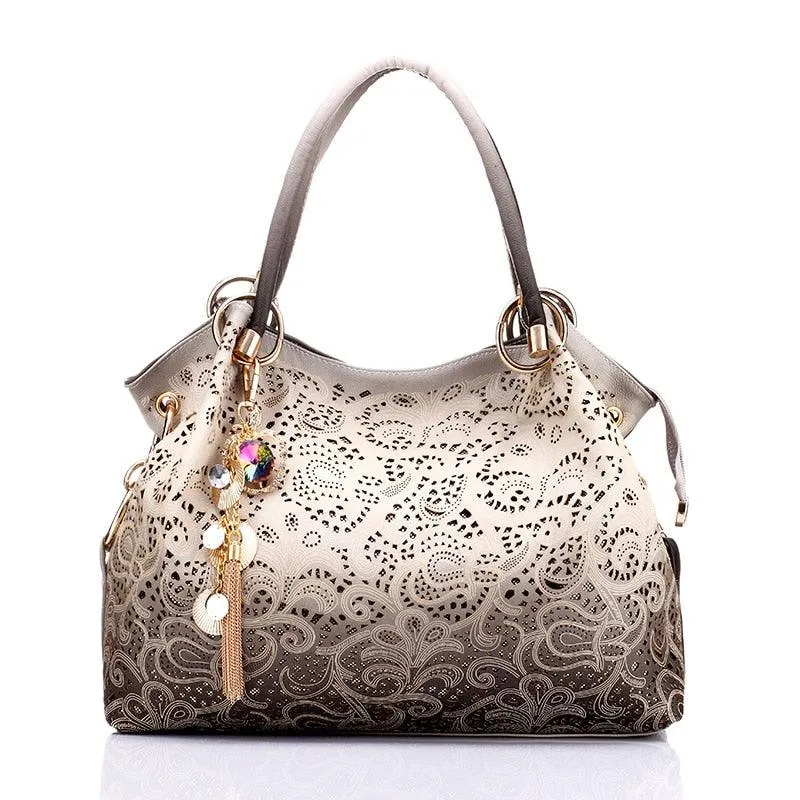 Fashion Women Hollow Out Ombre Handbags Floral Print Shoulder Bags Tote Bag