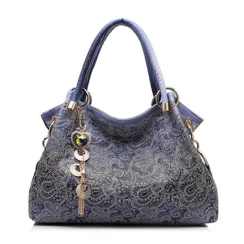 Fashion Women Hollow Out Ombre Handbags Floral Print Shoulder Bags Tote Bag