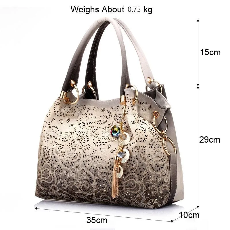Fashion Women Hollow Out Ombre Handbags Floral Print Shoulder Bags Tote Bag