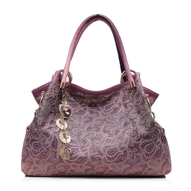 Fashion Women Hollow Out Ombre Handbags Floral Print Shoulder Bags Tote Bag