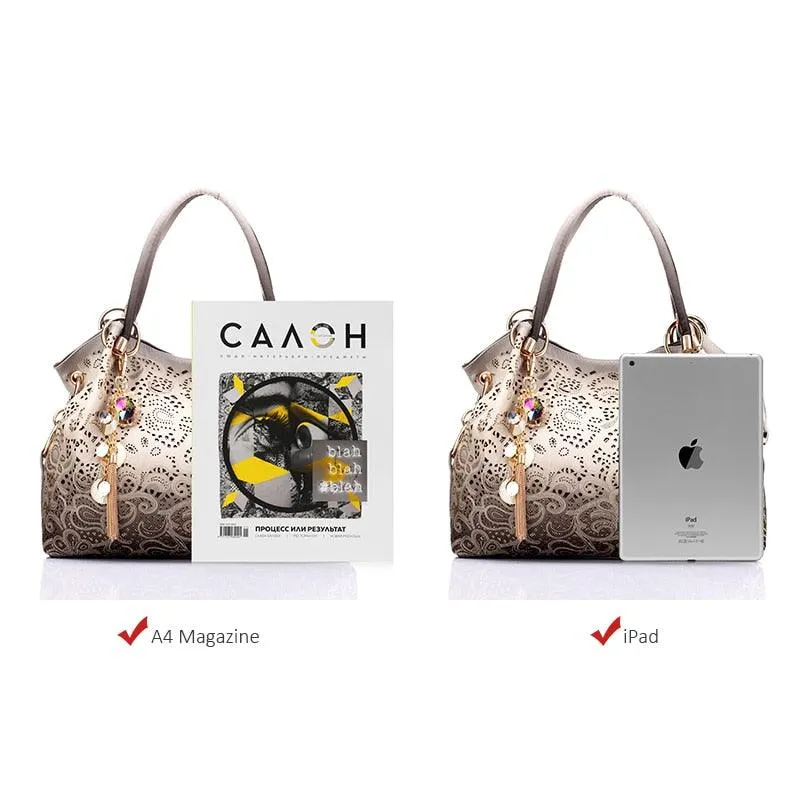 Fashion Women Hollow Out Ombre Handbags Floral Print Shoulder Bags Tote Bag