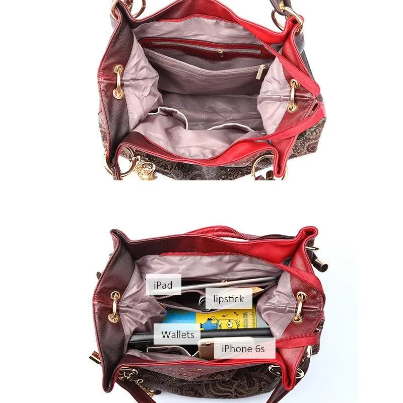 Fashion Women Hollow Out Ombre Handbags Floral Print Shoulder Bags Tote Bag