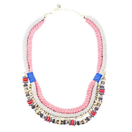 Gorgeous Multi Strands Cord Chain Bead Crystal Statement Jewelry Necklace Pink