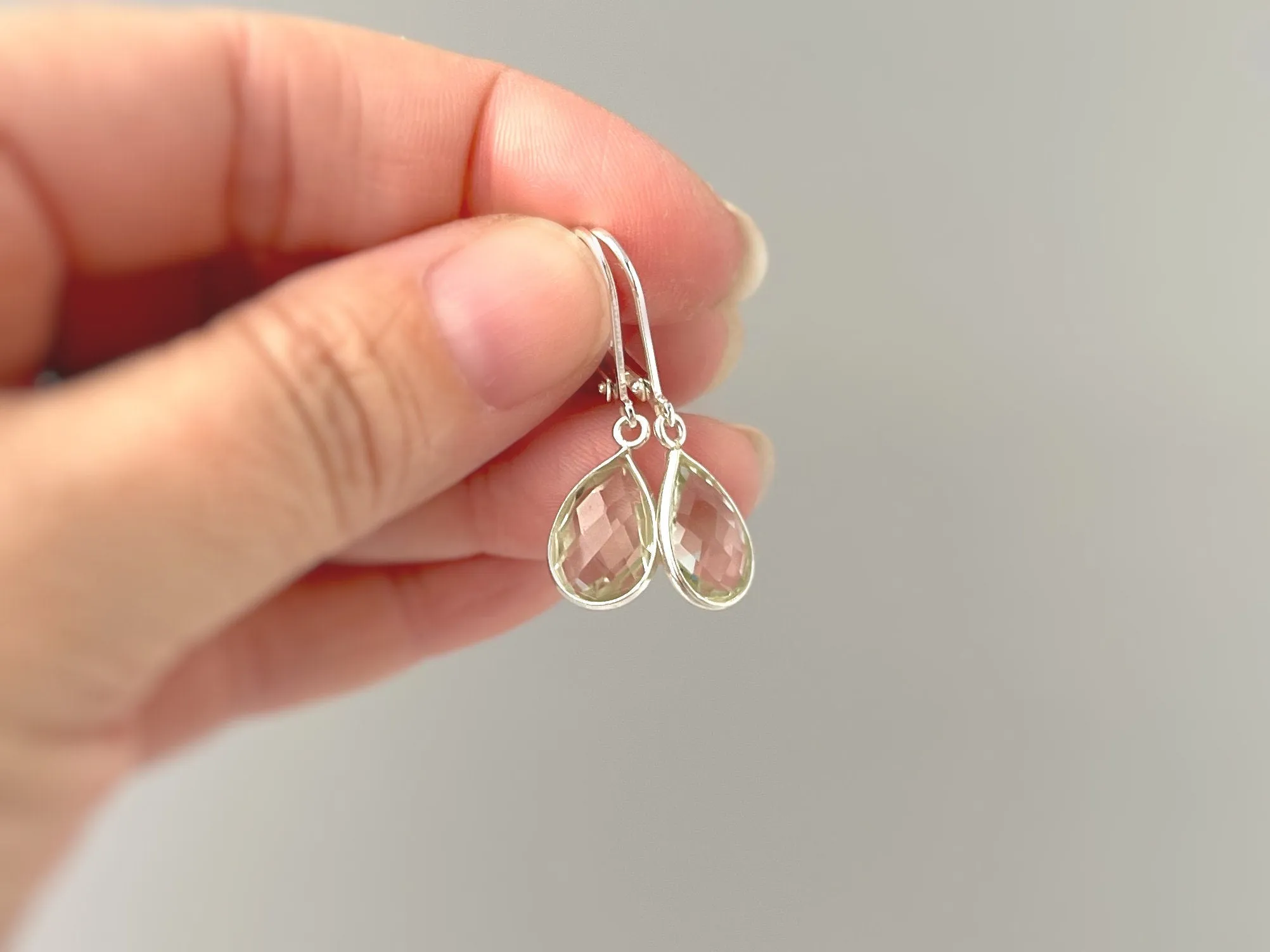 Green Amethyst Bezel Set Earrings Dangle Sterling Silver