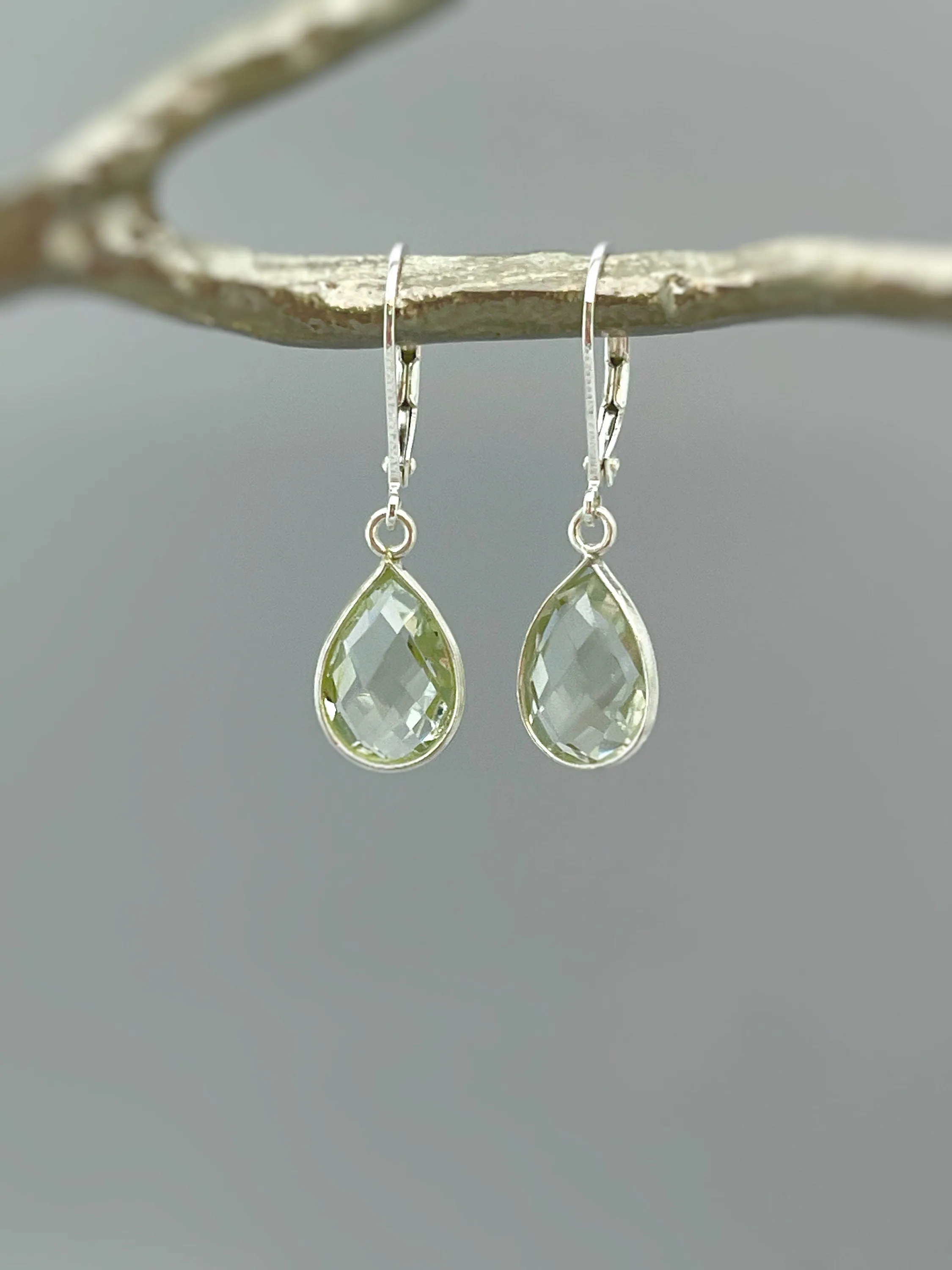 Green Amethyst Bezel Set Earrings Dangle Sterling Silver