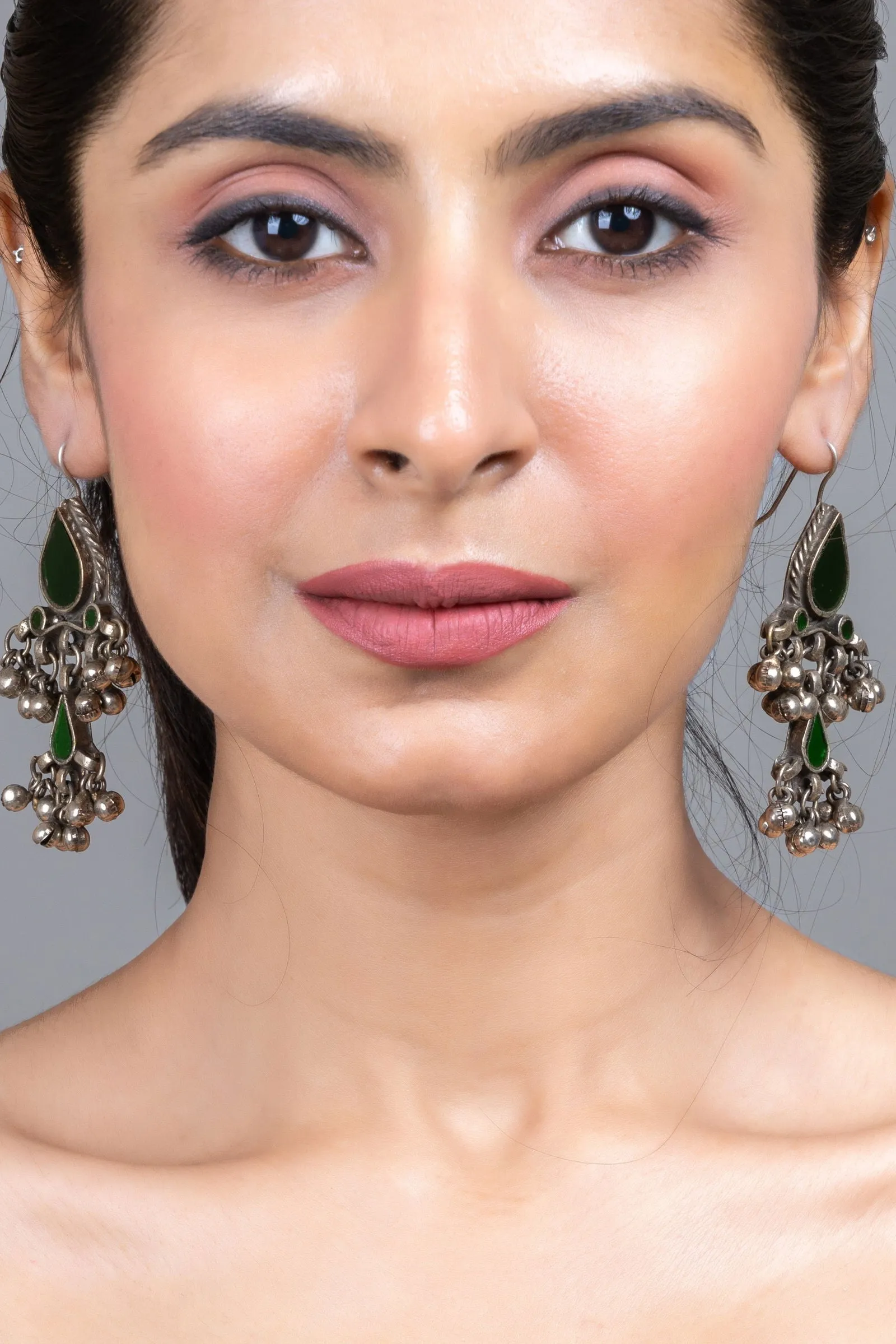 Green Silver Afghan Replica Glass Dangler with Ghungroo Jewelry Earrings