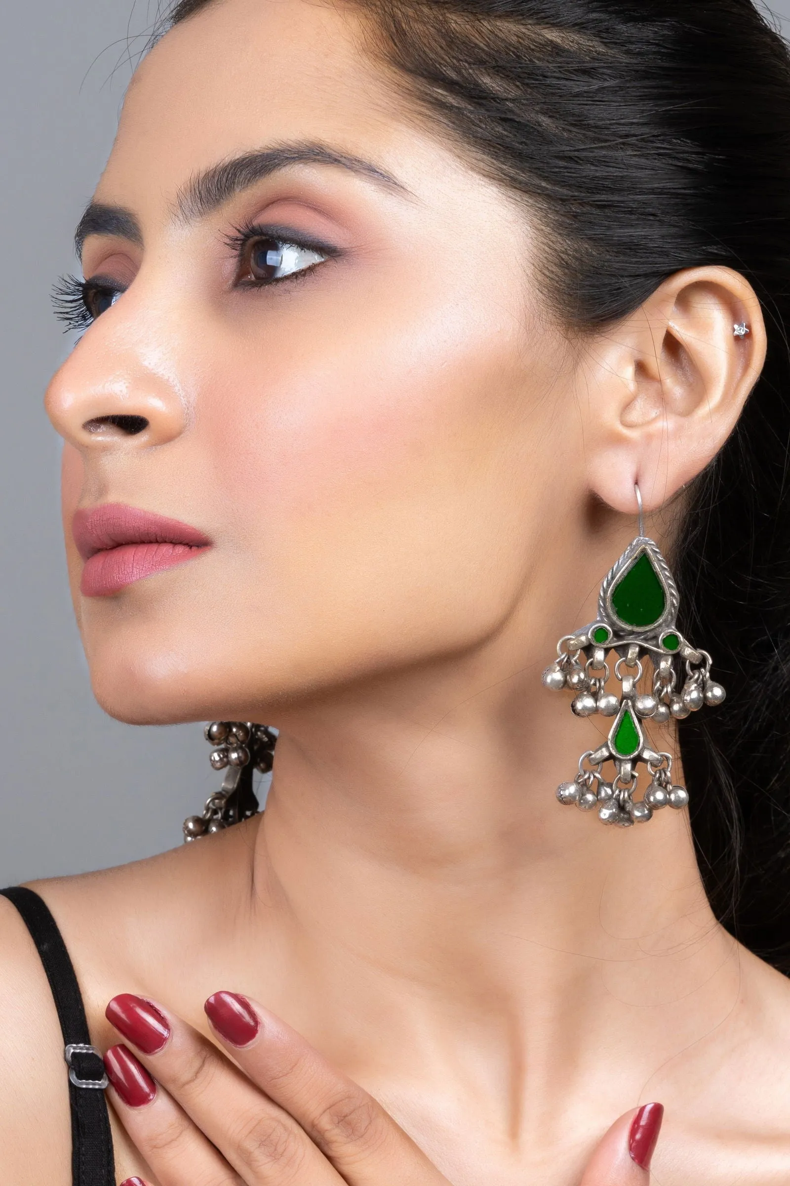 Green Silver Afghan Replica Glass Dangler with Ghungroo Jewelry Earrings