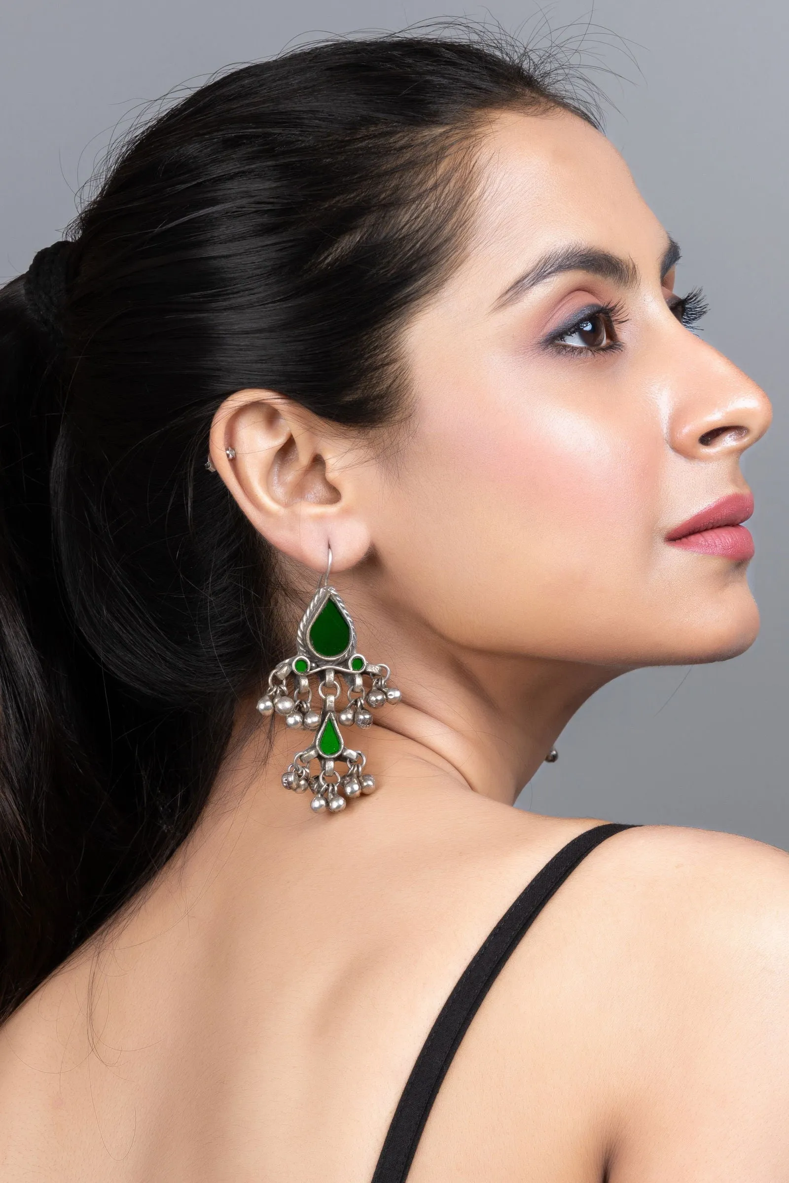 Green Silver Afghan Replica Glass Dangler with Ghungroo Jewelry Earrings