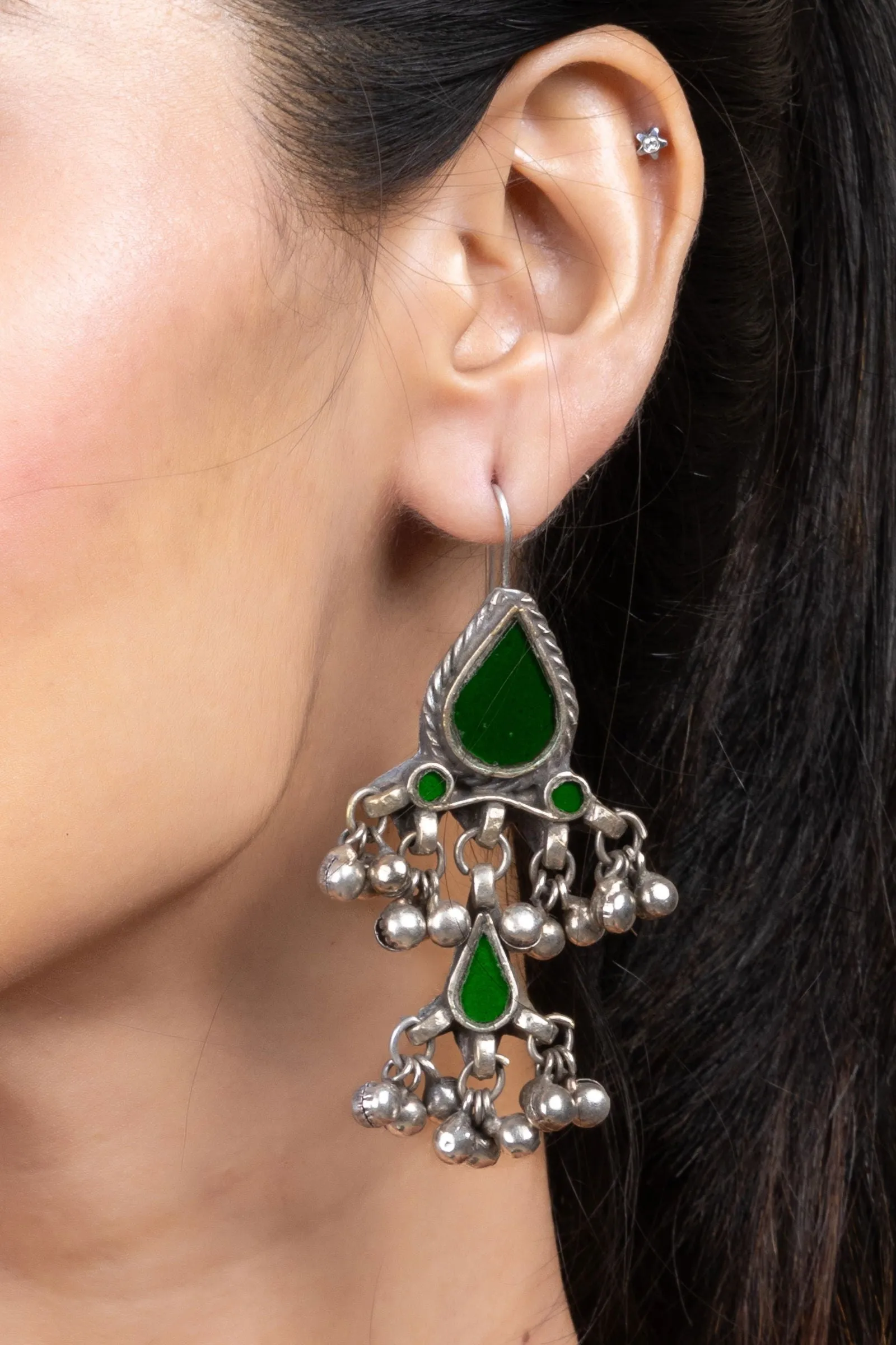 Green Silver Afghan Replica Glass Dangler with Ghungroo Jewelry Earrings
