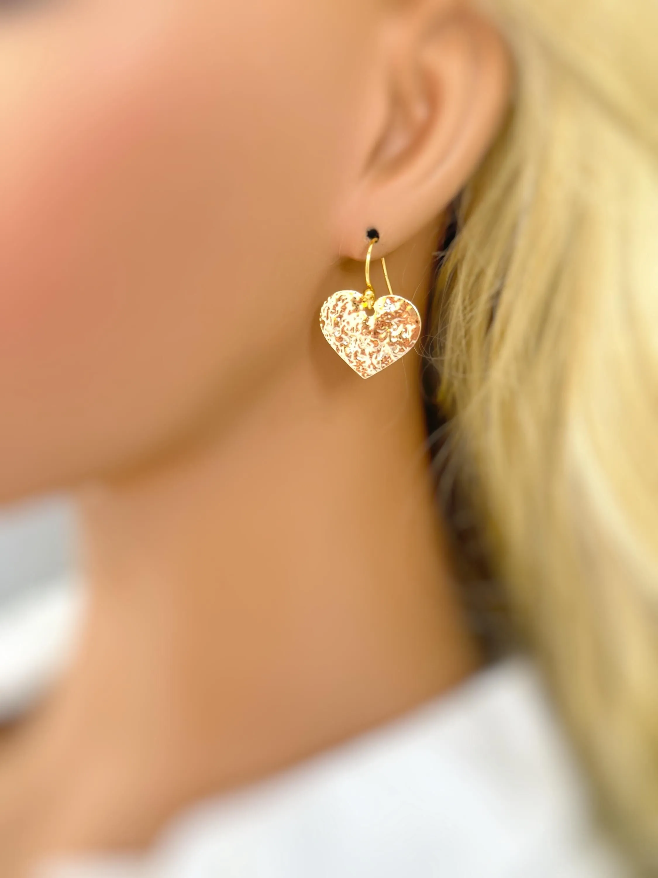 Heart Earrings Gold dangle sparkly boho handmade heart jewelry