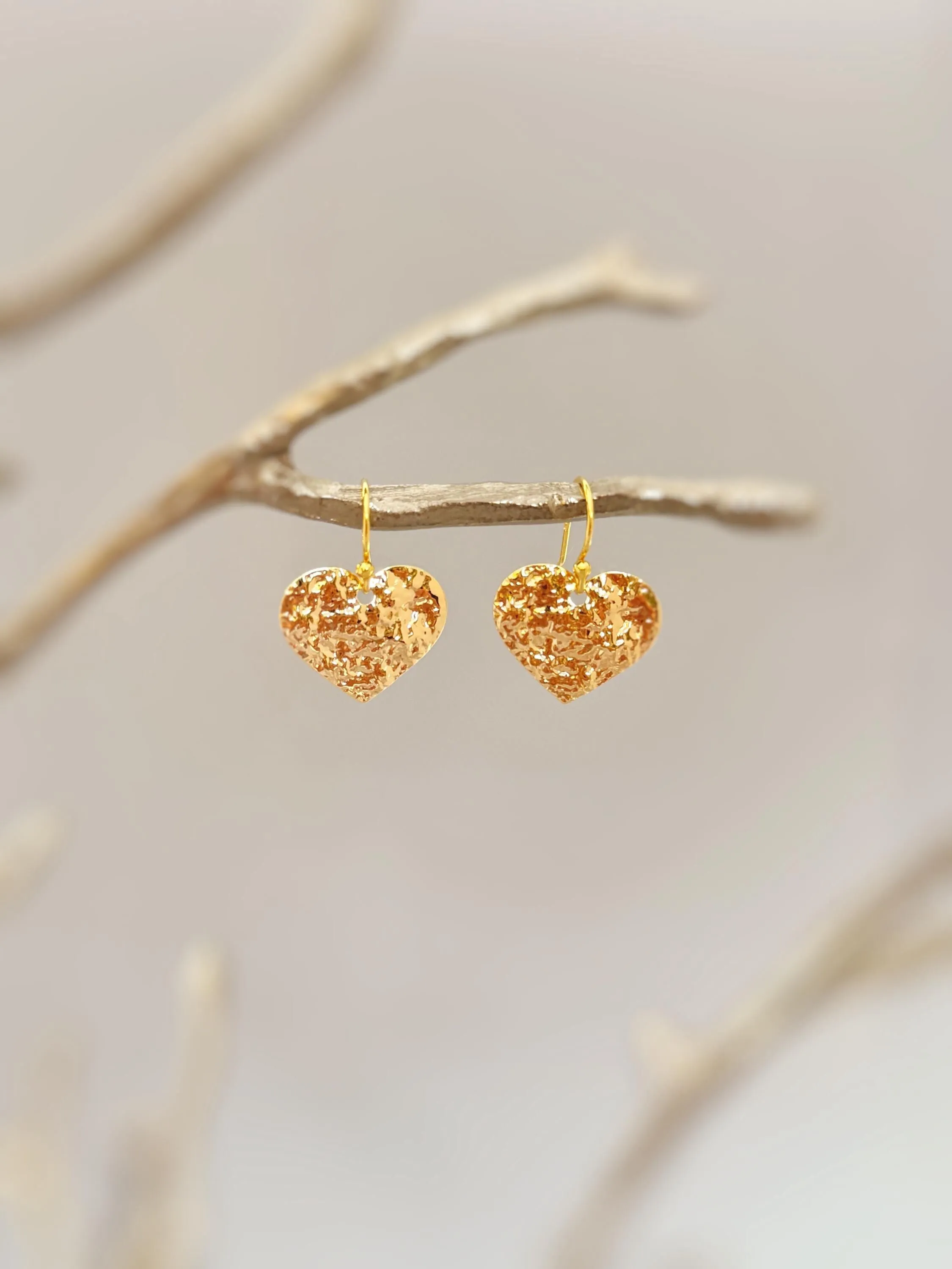 Heart Earrings Gold dangle sparkly boho handmade heart jewelry