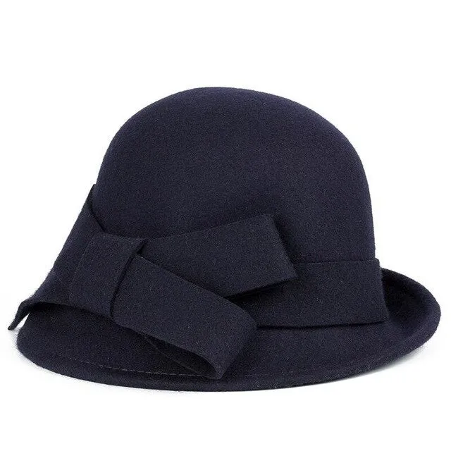 Lady Wide Brim Wool Felt Bowknot Hats