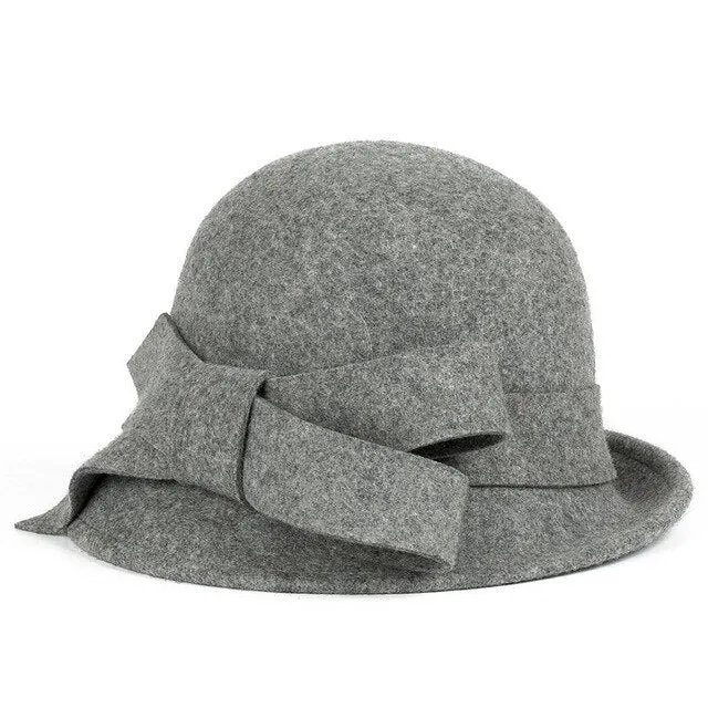Lady Wide Brim Wool Felt Bowknot Hats