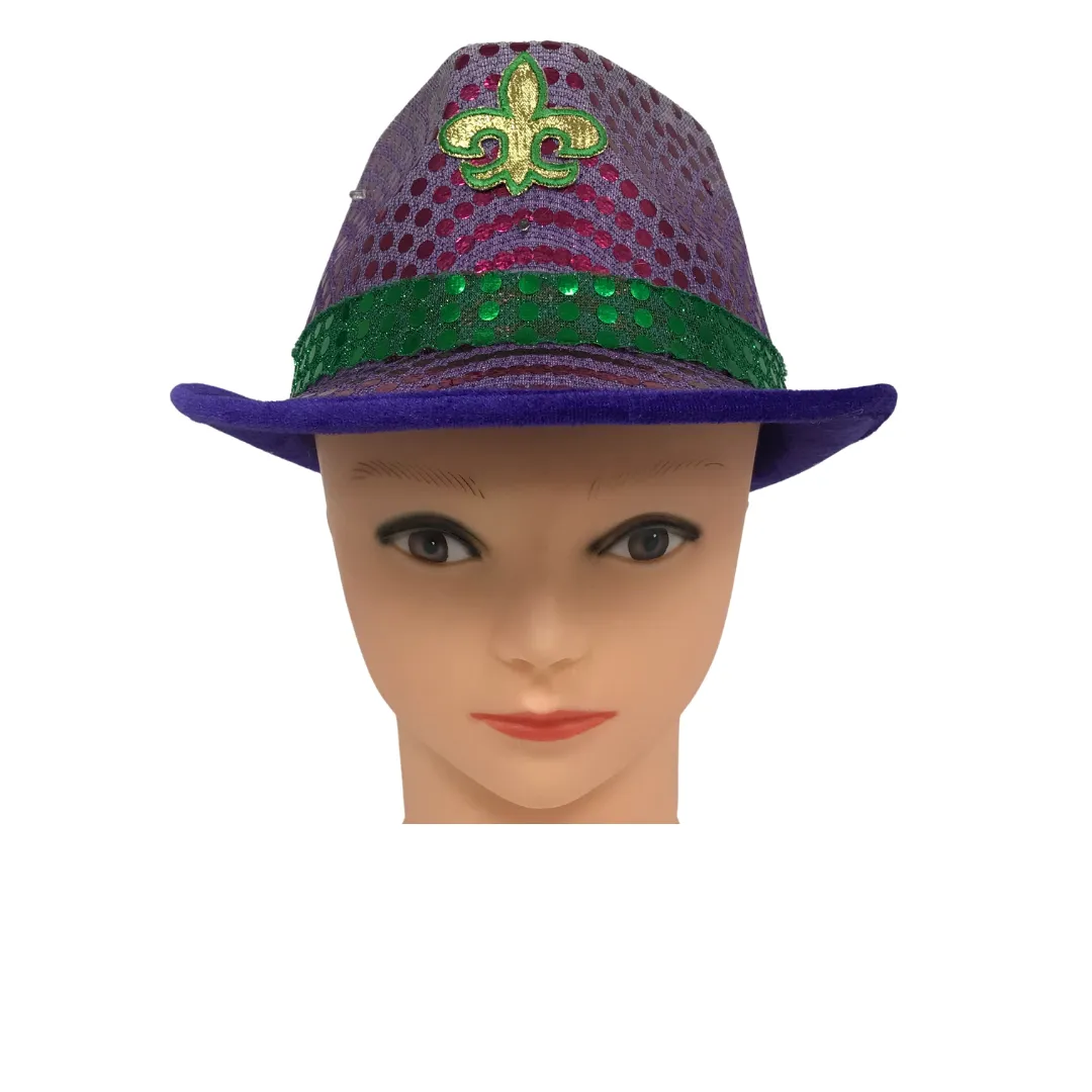 LED Purple and Green Sequin Fedora with Gold Fleur de Lis (Each)
