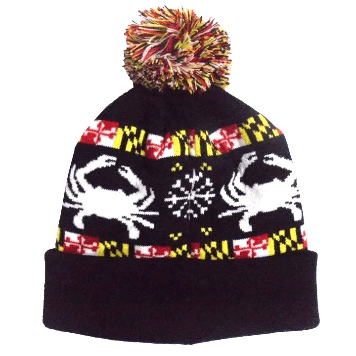 Maryland Flag Stripe, White Crab & White Snowflake (Black) / Knit Beanie Cap w/ Pom-Pom